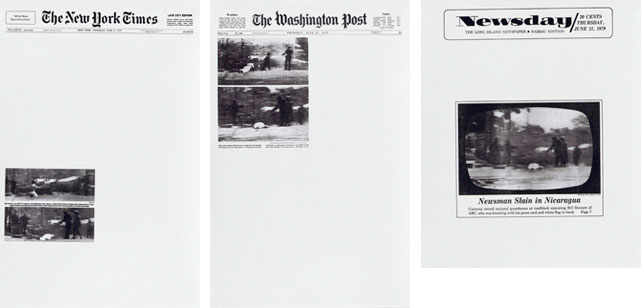 Sarah Charlesworth. Movie-Television-News-History (details). June 21, 1979. 27 chromogenic color prints, printed 2010, each approx. 22 x 14" (55.9 x 35.6 cm). The Museum of Modern Art, New York. The Contemporary Arts Council of The Museum of Modern Art and Committee on Photography Fund. © 2013 Estate of Sarah Charlesworth