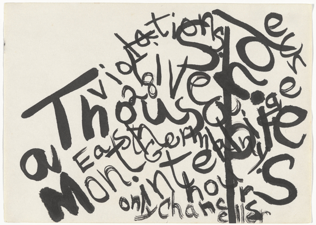Jackson Mac Low. Drawing-Asymmetry #21. 1961. Ink on paper, 8 9/16 x 11 7/8″ (21.7 x 30.2 cm). The Museum of Modern Art, New York. The Gilbert and Lila Silverman Fluxus Collection Gift, 2008. © 2014 The Estate of Jackson Mac Low