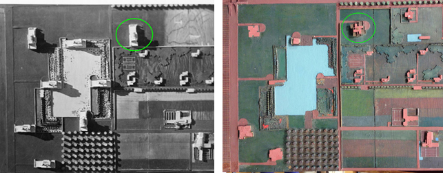 Left: Historic photograph from 1930s showing detail of Broadacre City model with rectangular residences. Right: Current photograph showing pinwheel-style residences