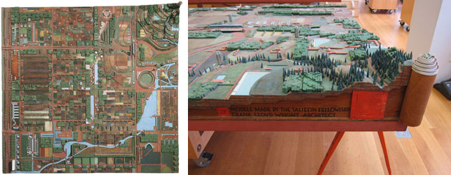 Left: Birdseye view of the model. Right: Detail showing label with signatures of Wright and his fellows