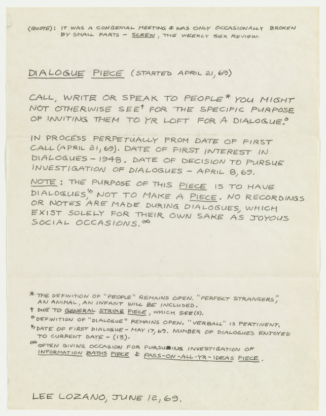 Lee Lozano. Dialogue Piece (Started April 21, 1969). 1969. Carbon paper transfer on paper, 11 x 8 1/2" (27.9 x 21.6 cm). The Museum of Modern Art, New York. The Judith Rothschild Foundation Contemporary Drawings Collection Gift (purchase, and gift, in part, of The Eileen and Michael Cohen Collection). © 2014 Lee Lozano