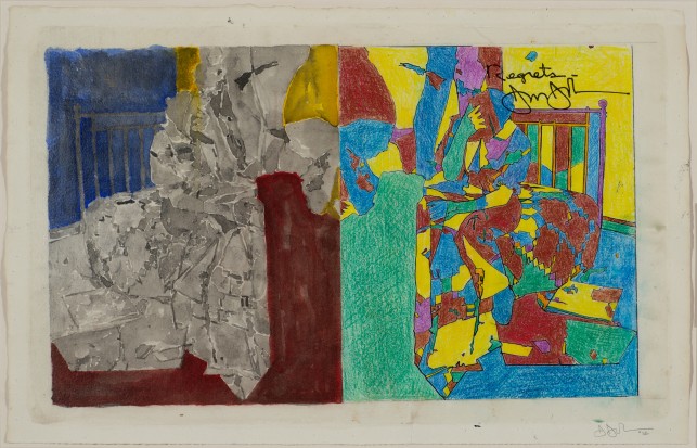 Jasper Johns. Study for Regrets. 2012. Acrylic, photocopy collage, colored pencil, ink and watercolor on paper, 11 3/8 × 17 3/4″ (28.9 × 45.1 cm). Art © Jasper Johns/Licensed by VAGA, New York, NY. Photo: Jerry Thompson