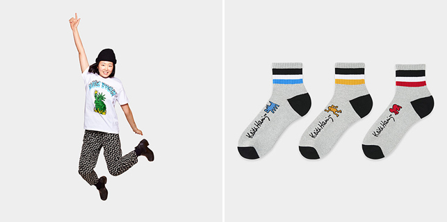 From left: UNIQLO Keith Haring Statue Of Liberty T-shirt; UNIQLO Keith Haring Socks