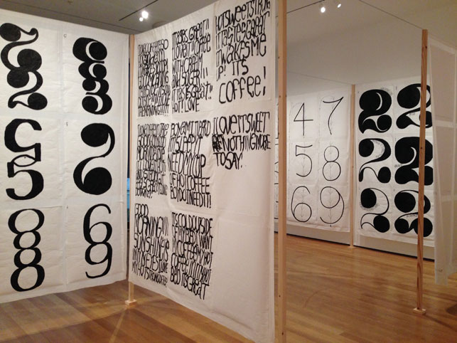 Matt Mullican. Untitled (Learning from That Person's Work: Room 1). 2005. Installation of ink on paper collage mounted on 12 cotton sheets, wood, cable, and video component (color, sound; 14:04 min.), 12 units, each 109 x 88.5", installation dimensions variable. Acquired through the generosity of the Contemporary Arts Council of The Museum of Modern Art and the Friends of Contemporary Drawing. © 2014 Matt Mullican