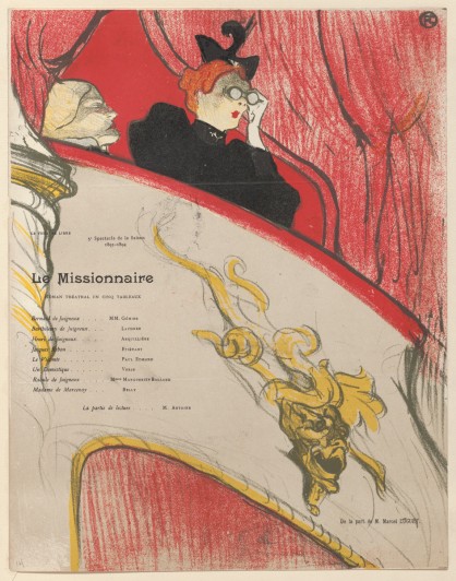 Henri de Toulouse-Lautrec. The Box with the Gilded Mask (La Loge au mascaron doré), program for The Missionary (Le Missionnaire) at the Théâtre Libre, Paris. 1894. Lithograph, sheet: 12 1/16 x 9 7/16 in. (30.6 x 24 cm). Edition size: probably several hundred. The Museum of Modern Art, New York. Johanna and Leslie J. Garfield Fund, Mary Ellen Oldenburg Fund, and Sharon P. Rockefeller Fund, 2008