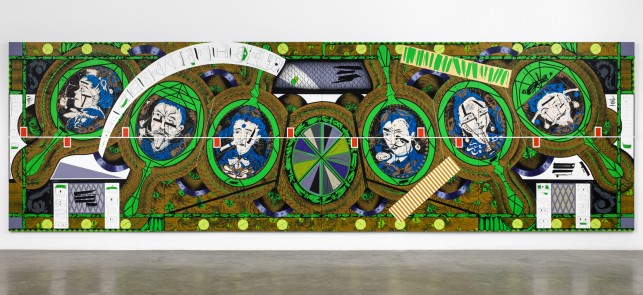 Lari Pittman. Flying Carpet with Magic Mirrors for a Distorted Nation. 2013. Cel-vinyl, spray enamel on canvas over wood panel, 108 x 360 1/8” (274.3 x 914.7 cm). The Museum of Modern Art, New York. CREDIT LINE TK. Courtesy Regen Projects, Los Angeles. © Lari Pittman