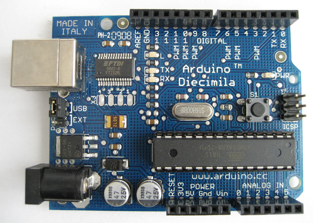 Massimo Banzi, David Cuartielles, Tom Igoe, David Mellis, Gianluca Martino. Arduino "Diecimila" Microcontroller. 2004–05. Electronic components, 2.7 x 2.1" (5.3 x 6.9 cm). Gift of the designers