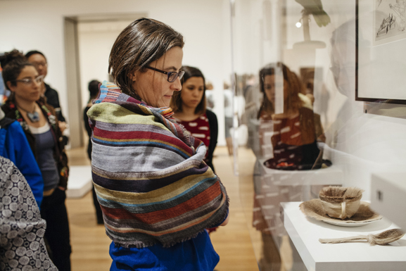 Hope Ginsburg: Objects in Transition class at MoMA, March 15, 2014. © 2014 The Museum of Modern Art, New York. Photo: Erica Gannett. Shown: Meret Oppenheim. Object. 1936. Fur-covered cup, saucer, and spoon, cup 4 3/8" (10.9 cm) in diameter; saucer 9 3/8" (23.7 cm) in diameter; spoon 8" (20.2 cm) long, overall height 2 7/8" (7.3 cm). The Museum of Modern Art, New York. Purchase. © 2014 Artists Rights Society (ARS), New York/Pro Litteris, Zurich