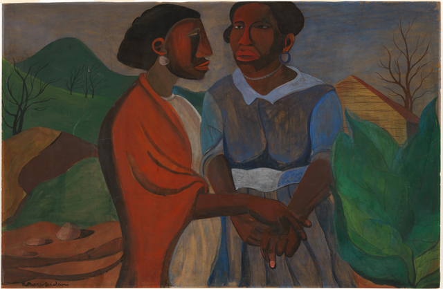 Romare Bearden (American, 1911−1988). The Visitation. 1941. Gouache, ink, and pencil on brown paper, 30 1/2 x 46 1/2" (77.5 x 118.1 cm). The Museum of Modern Art, New York. Gift of Abby Aldrich Rockefeller (by exchange). Acquired with the cooperation of the Estate of Nanette Bearden and the Romare Bearden Foundation whose mission is to preserve the legacy of the artist. © Romare Bearden Foundation/Licensed by VAGA, New York, NY