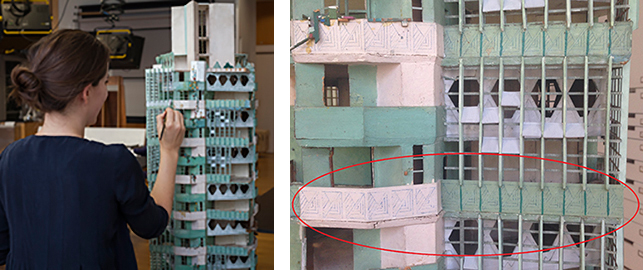 Left: Applying printed designs to the building’s exterior. Photo: Jackie Russo; Right: New walls with printed designs circled