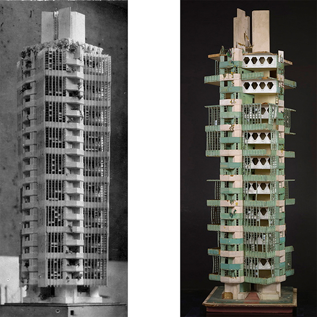 Left: St. Marks Tower model on display at the Art Institute of Chicago, 1930; Right: St. Marks Tower Model at MoMA, before treatment, 2013