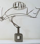 Painted steel on cinder block base, 6' 7 1/2" x 8' 11 7/8" x 16 1/8" (202 x 274 x 41 cm), on cinder block base 17 1/2 x 16 3/4 x 15 1/4" (44.5 x 42.5 x 38.7 cm). Gift of William Rubin 