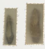 Doris Salcedo, Atrabilious, 1992-93. Wall installation with plywood, shoes, animal fiber, thread, and sheepskin, six niches, Overall 30 x 70 1/4 x 5 1/8" (76.2 x 178.4 x 13 cm). Gift of Marie-Josée and Henry R. Kravis. © 2012 Doris Salcedo .