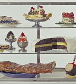 Pastry Case, I
Date: 1961-62
Medium: Burlap and muslin soaked in plaster, painted with enamel, metal bowls, and ceramic plates in glass-and-metal case
Dimensions: 20 3/4 x 30 1/8 x 14 3/4" (52.7 x 76.5 x 37.3 cm)
Credit Line: The Sidney and Harriet Janis Collection
MoMA Number: 639.1967.a-dd
