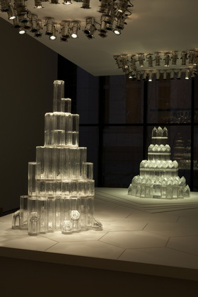 Josiah McElheny. <em>The Alpine Cathedral and the City-Crown,</em> 2007. Installation of glass, metal, wood, Plexiglas, colored electric lights, 14' x 8' x 9' 9". Courtesy of the artist and Andrea Rosen Gallery, New York, and Donald Young Gallery, Chicago. Photo: Robin Holland