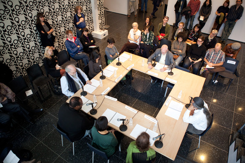 Andrea Geyer, Sharon Hayes, Ashley Hunt, Katya Sander, and David Thorne. Combatant Status Review Tribunals, pp. 002954–003064: A Public Reading. 2007. Performed at The Museum of Modern Art, 2011. © 2011 Julieta Cervantes/ The Museum of Modern Art