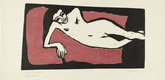 Erich Heckel. <i>Fr&auml;nzi Reclining (Fr&auml;nzi liegend)</i>. 1910. Woodcut. Composition: 8 15/16 x 16 9/16" (22.6 x 42.1 cm). Publisher: unknown. Printer: probably the artist, Dresden. Edition: unknown. The Museum of Modern Art, New York. Gift of Mr. and Mrs. Otto Gerson. © 2001 Artists Rights Society (ARS), New York/VG Bild-Kunst, Bonn