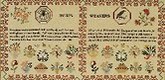 Elaine Reichek. <i>Sampler (Ovid's Weavers)</i>. 1996. Embroidery on linen, 19 1/4 x 35" (48.9 x 88.9 cm). Collection Melva Bucksbaum, Aspen. Part of the installation <i>When This You See ...</i> (1996&ndash;1999)