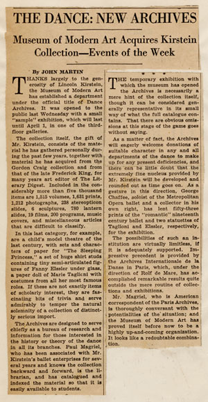 Clippings “The Dance: New Archives: Museum of Modern Art Acquires Kirstein Collection—Events of the Week,” New York Times, March 10, 1940, and “American Dance Archives Born,” Dance Magazine, March 1940 [Dance Archives, II.20] 