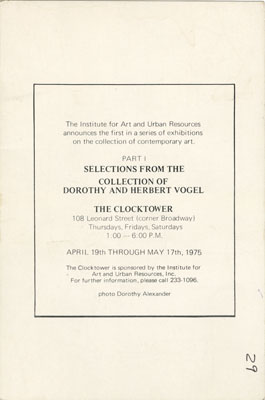 Verso of postcard for Collectors of the Seventies, Part I: Dorothy and Herbert Vogel (April 19–May 17, 1975), 1975 [II.A.41]