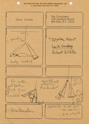 Page from the Artists Make Toys exhibition catalogue,showing Chris Burden's contribution, with the exhibition announcement, 1975 [I.A.21]