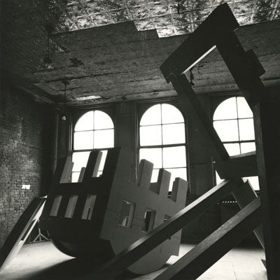 Installation view and postcard (not shown) of the spring architecture program, Robert Mangurian and Craig Hodgetts: Studio Works (April 27-June 15, 1980). 1980 [I.A.463]