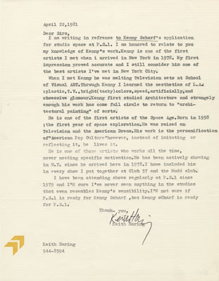 Recommendation letter for Kenny Scharf from Keith Haring. April 22, 1981 [IV.276] 