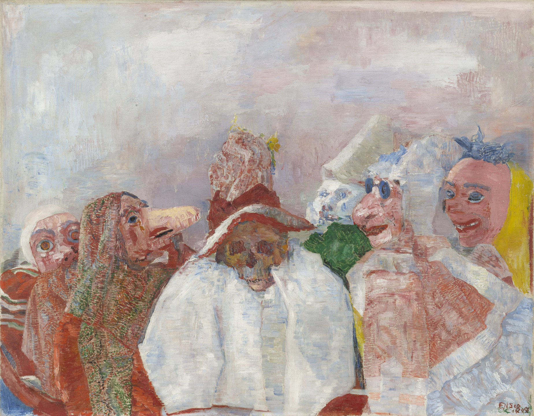 The image shows a group of ten figures with varied, mask-like faces, draped in garments of white, red, and green, set against a light-colored, cloudy background. The dominant colors are various shades of white, red, and earthy tones. This is an AI generated description. To give feedback, email ai@moma.org.