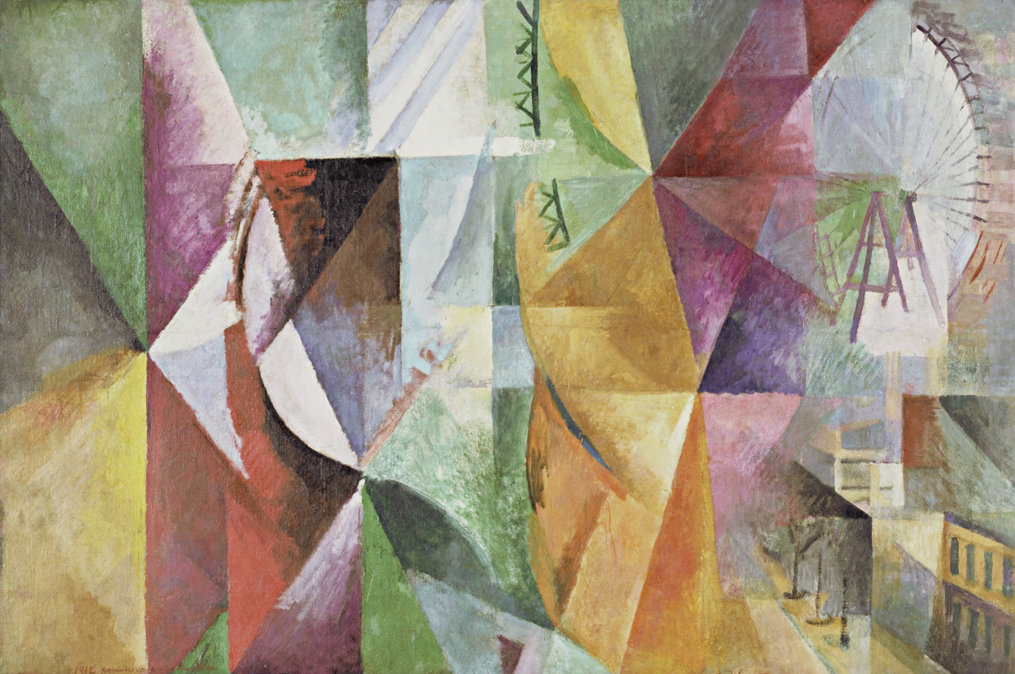 The image consists of overlapping geometric shapes and fragments in various colors including green, yellow, red, purple, and brown. On the right, there is a partially visible Ferris wheel and hints of buildings. This is an AI generated description. To give feedback, email ai@moma.org.