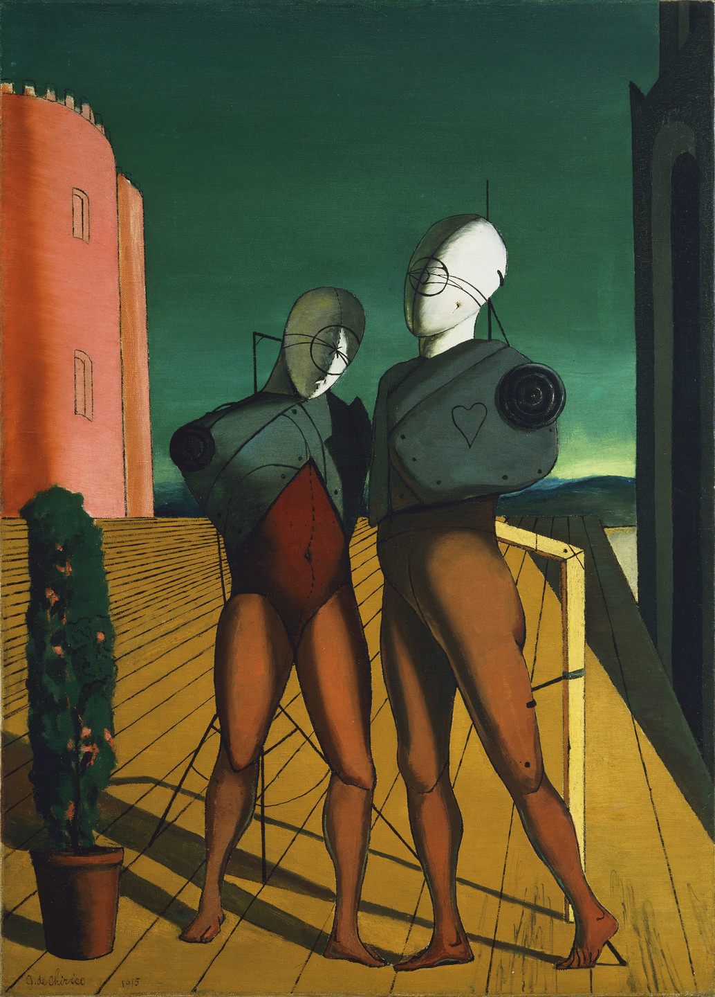 The image depicts two mannequin-like figures with mechanical body parts standing on a yellow wooden platform. A red tower and a potted plant are on the left, with a dark green sky in the background. This is an AI generated description. To give feedback, email ai@moma.org.