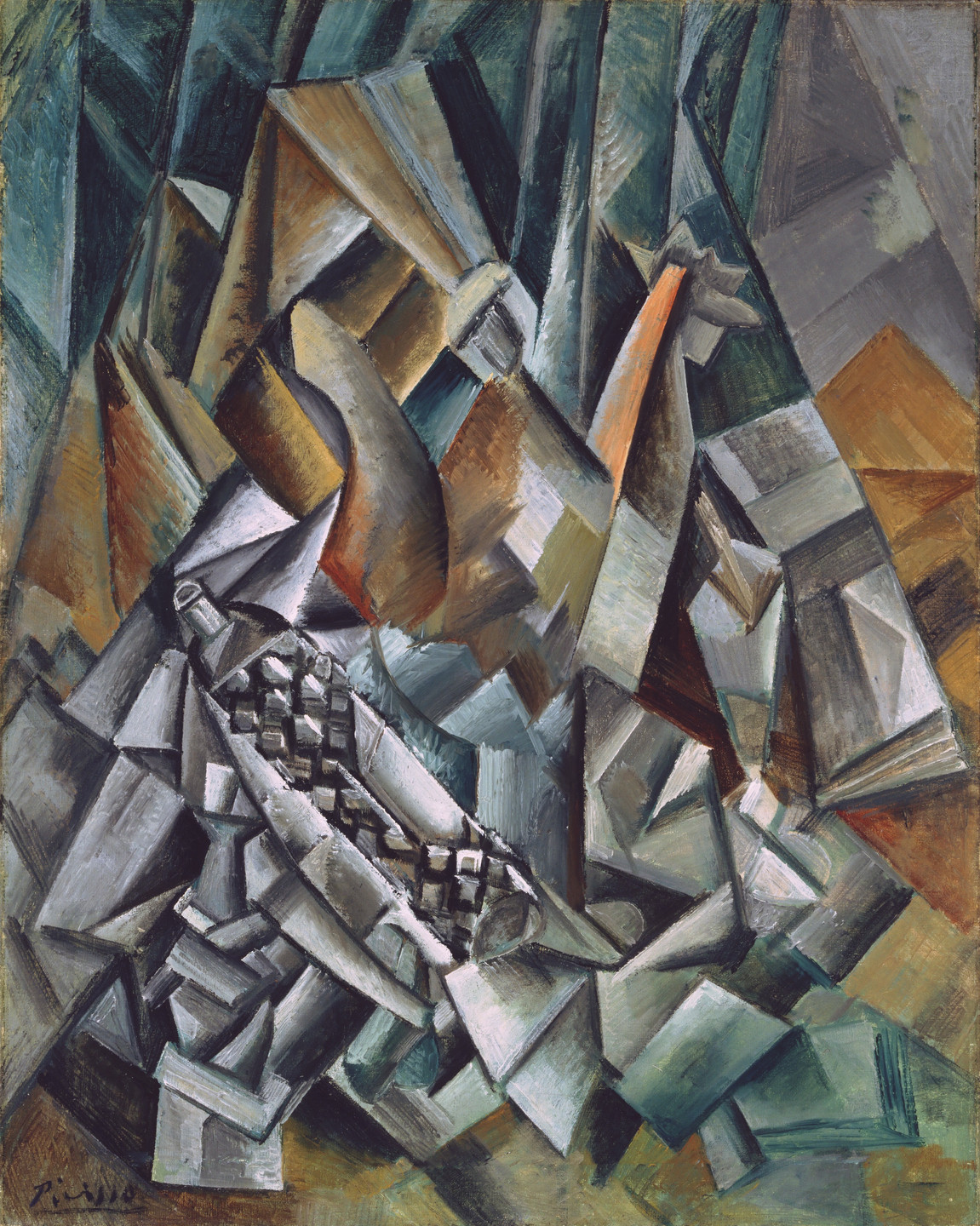 The image features a composition of interlocking geometric shapes in shades of grey, brown, blue, and green. The shapes create an intricate, layered pattern with different tones and textures. This is an AI generated description. To give feedback, email ai@moma.org.
