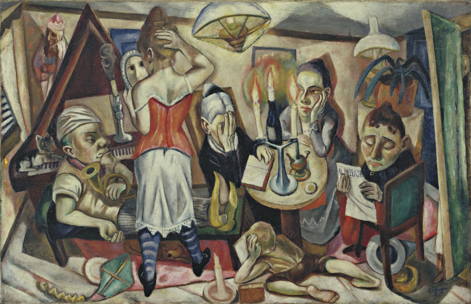 A room features six individuals engaged in various activities, with a piano, candles, and a plant. Predominant colors are earthy tones, with red, blue, and green accents. This is an AI generated description. To give feedback, email ai@moma.org.