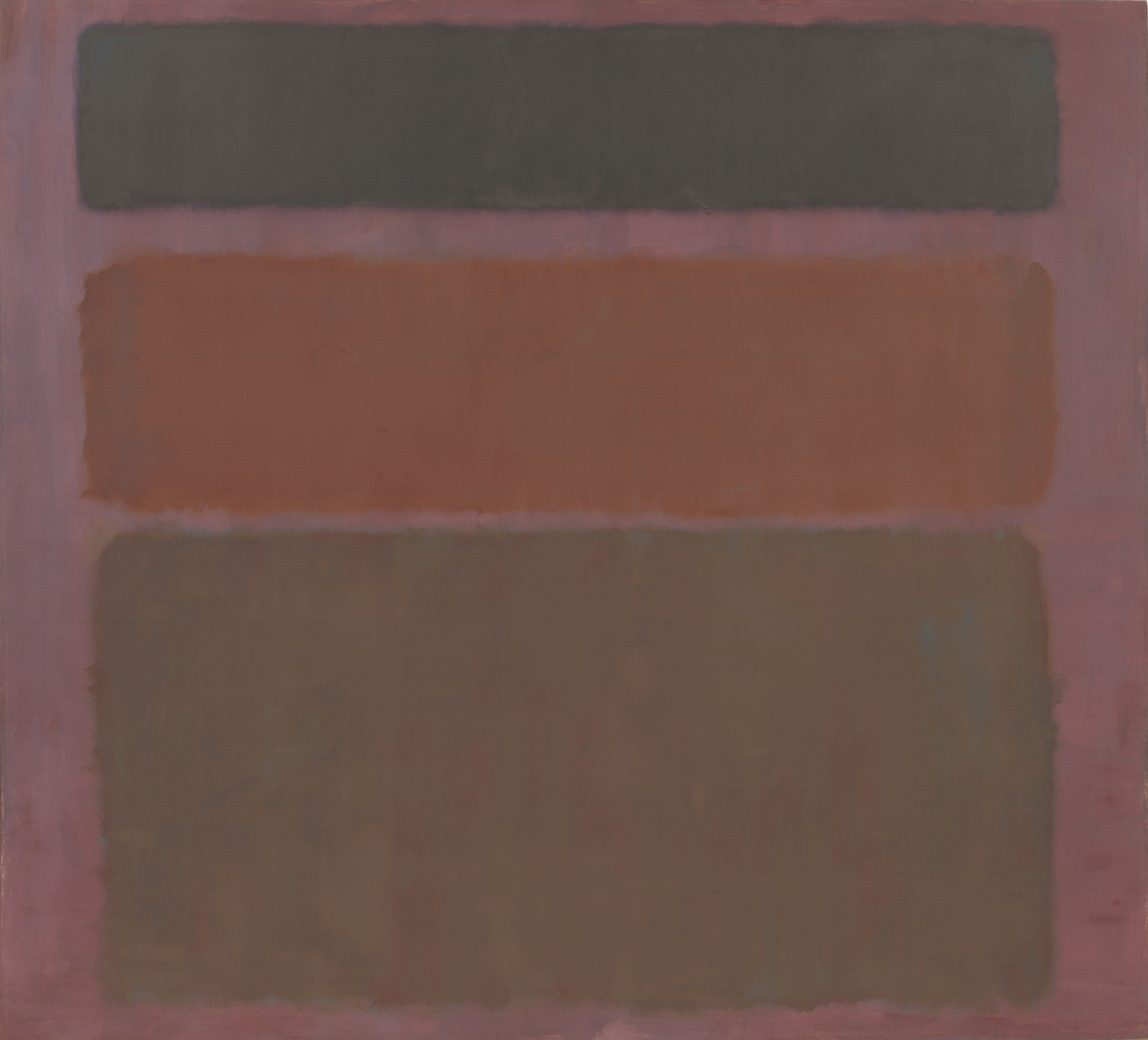 The image shows three large, horizontally aligned rectangles in shades of dark brown, brick red, and muted brown, set against a pinkish background. The edges of the rectangles are slightly blurred, creating a soft transition between the colors. This is an AI generated description. To give feedback, email ai@moma.org.