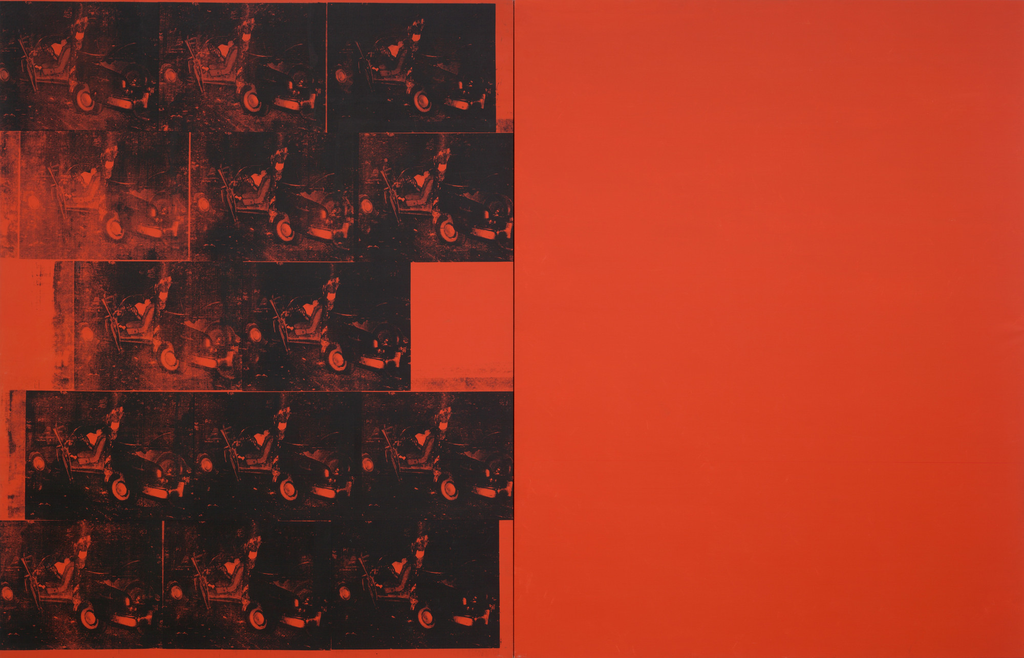 The image features multiple black and red images of a person riding in an old-fashioned car, arranged in a grid on the left side and a solid red block on the right. Predominant colors are red and black. This is an AI generated description. To give feedback, email ai@moma.org.