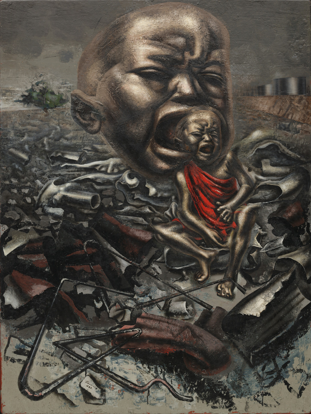 The image depicts a large, crying head with an open mouth, and within the mouth, a smaller figure with similar features wearing a red cloth, sitting amidst fragmented, twisted structures. The predominant colors are dark brown, gray, black, and red. This is an AI generated description. To give feedback, email ai@moma.org.