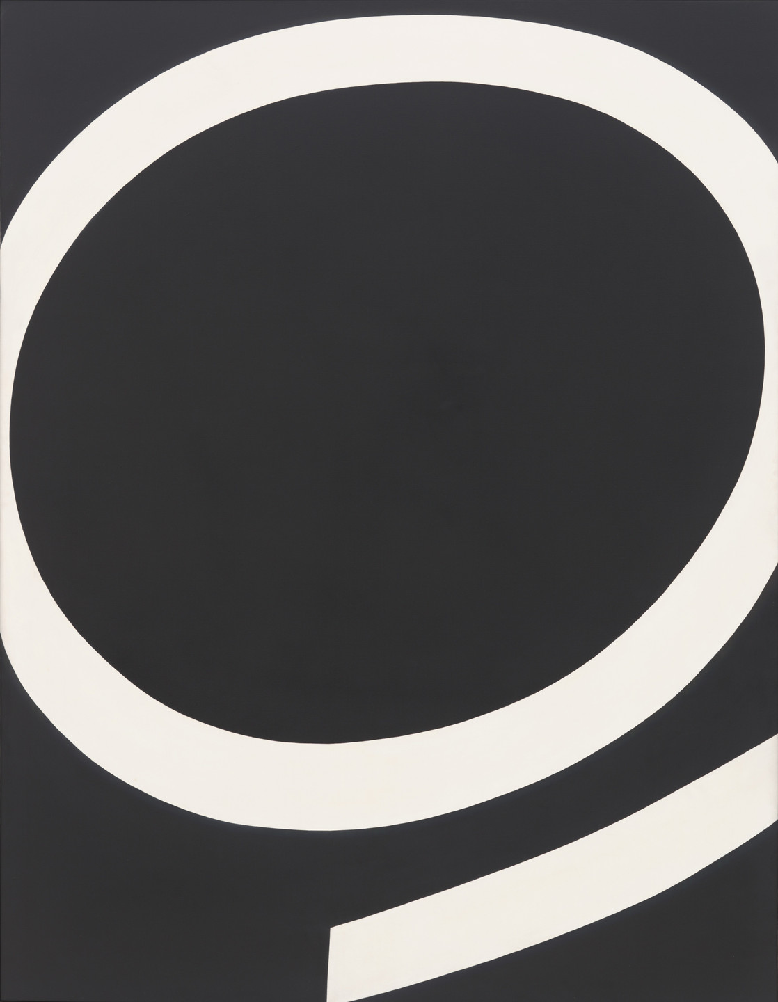 The image features a large black canvas with a wide, white, curved line stretching across the top and looping towards the bottom. The line thickens and thins as it curves from the left side to the bottom right corner. This is an AI generated description. To give feedback, email ai@moma.org.