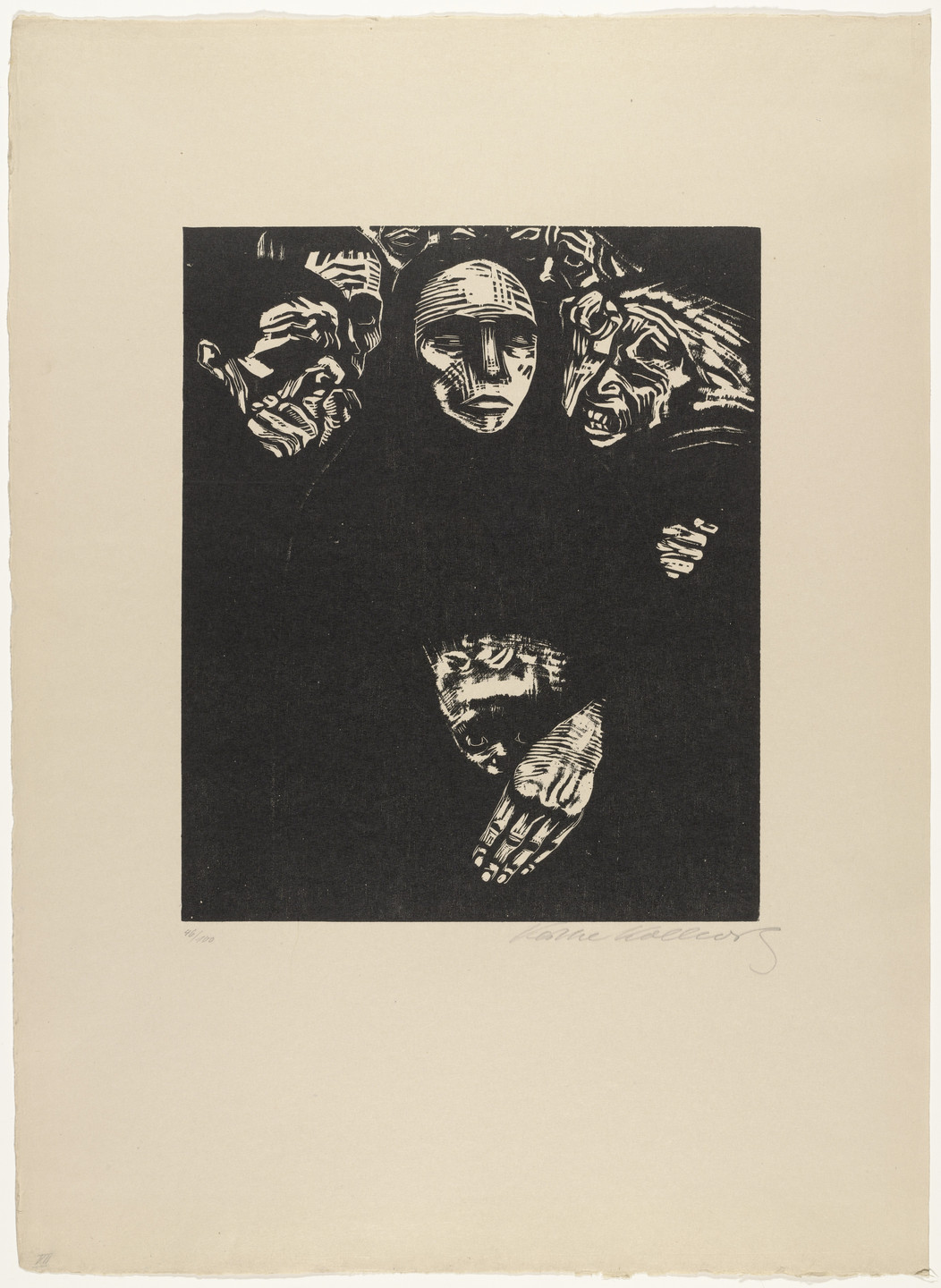 The image features a black and white print of a central distressed face surrounded by several other faces and a hand at the bottom. The background is predominantly black with white highlights on the faces and hand. This is an AI generated description. To give feedback, email ai@moma.org.