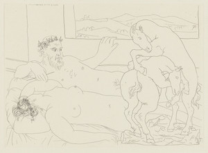 Old Sculptor and Sleeping Model with a Sculpted Group Representing Wrestling Horses (Vieux sculpteur et modèle assoupi avec un groupe sculpté représentant des chevaux luttant) from the Vollard Suite (Suite Vollard)