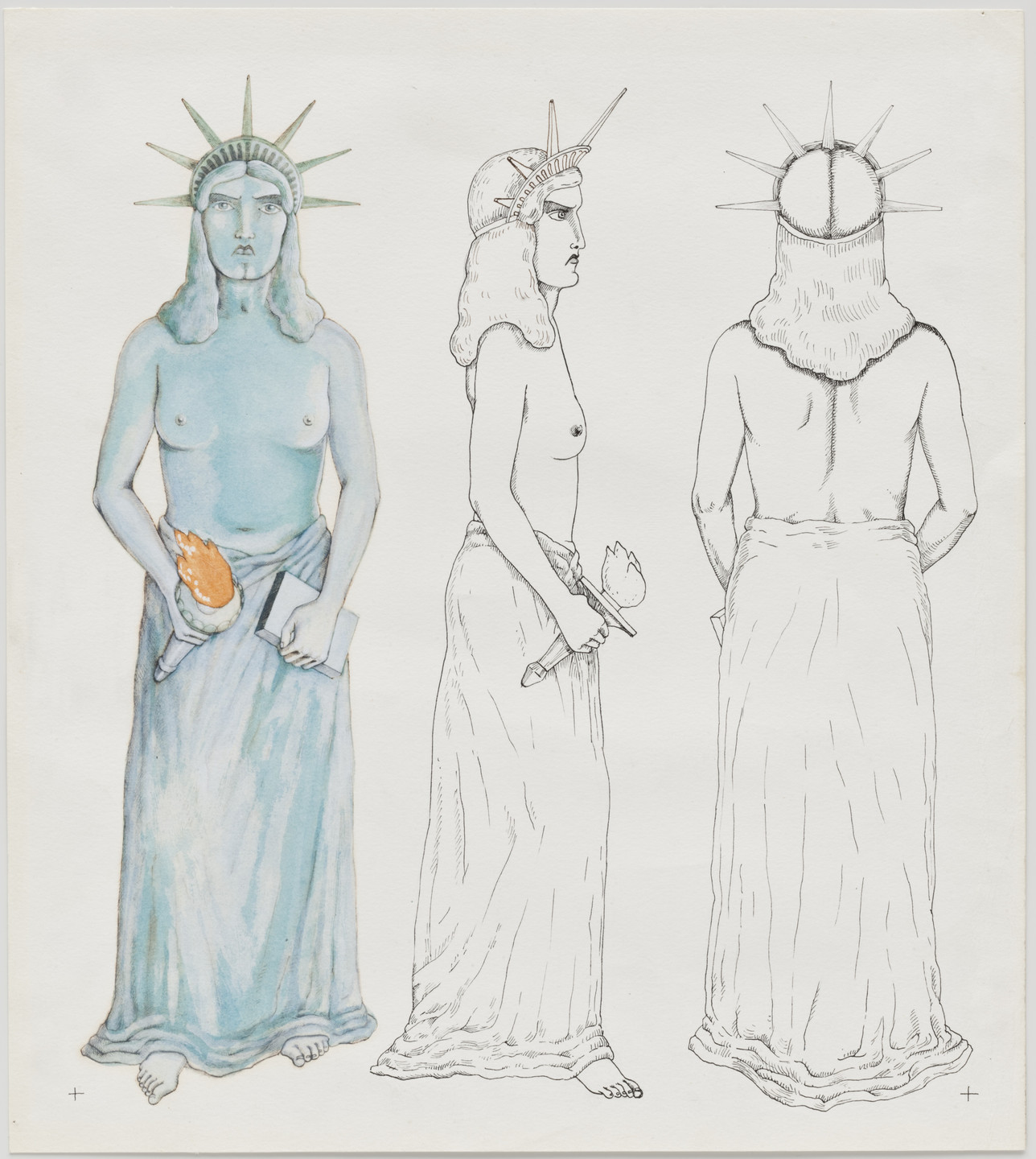 The image shows three views of a statue with a crown of spikes, draped in a long garment, holding a torch and a book; left is in blue with flames, middle is an outline side view, right is an outline back view. The images depict the front, profile, and back perspectives. This is an AI generated description. To give feedback, email ai@moma.org.