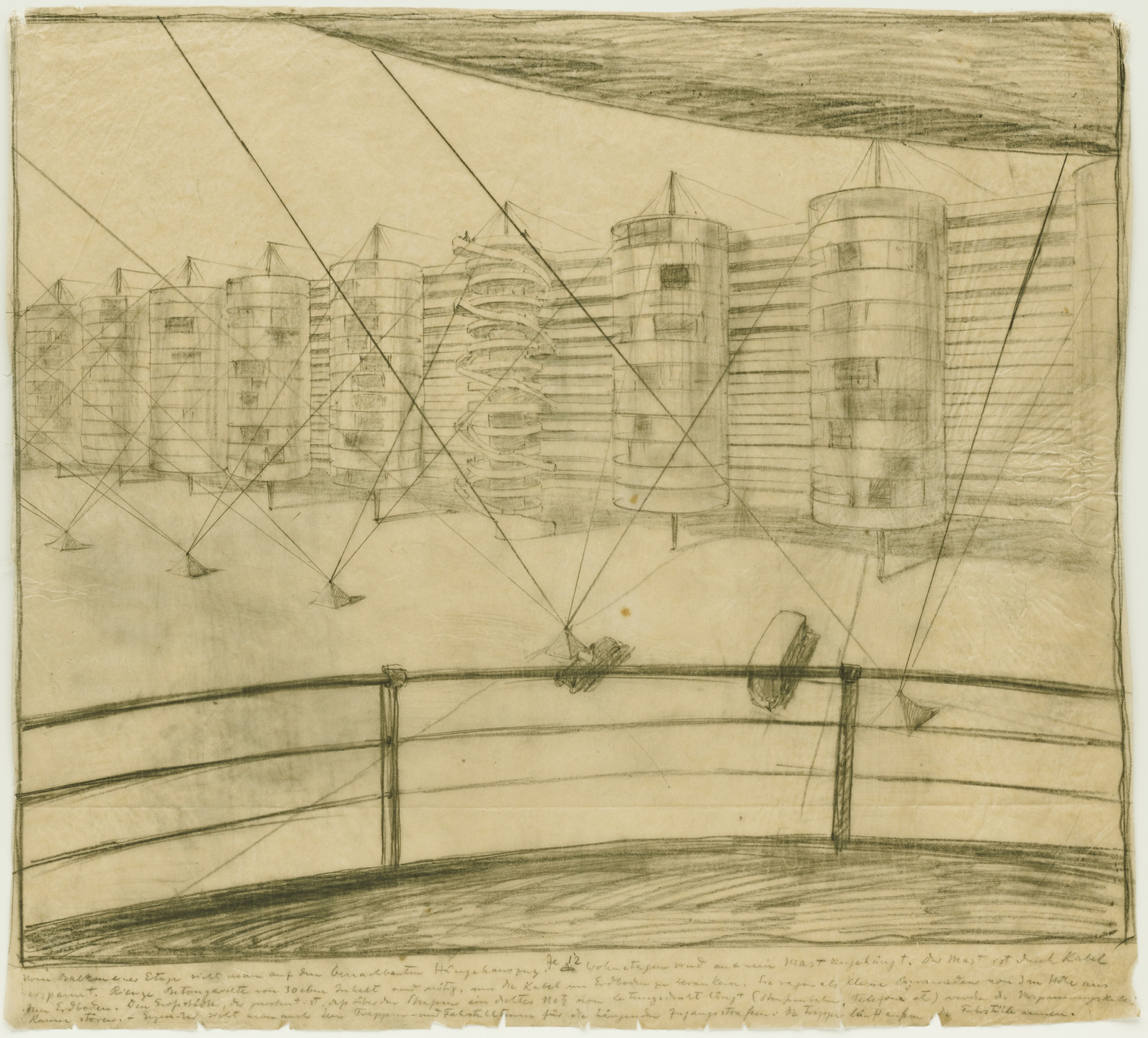 Bodo Rasch, Heinz Rasch. Suspension Houses Project (Perspective sketch). 1927-1928