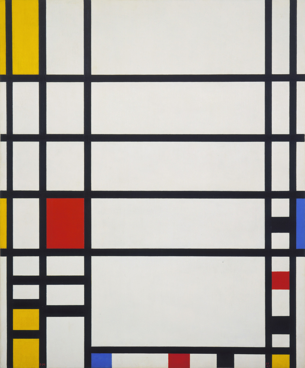 The image features a grid of thick black lines forming rectangles of various sizes on a white background. Some rectangles are filled with solid colors, including red, yellow, and blue. This is an AI generated description. To give feedback, email ai@moma.org.