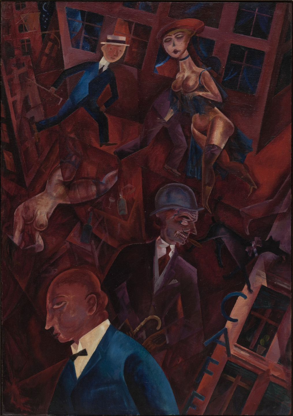 The painting shows several figures floating against a background over overlapping dark red buildings evoking a cityscape. The four male figures wear suits and two women are nude or partially nude. At the bottom right is a blue vertical sign that says "CAFE." This is an AI generated description. To give feedback, email ai@moma.org.