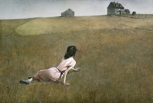 In a vast and precidsely painted wheat field, a brown-haired white woman in a pink dress sits sideways on her left hip. Her back is towards us and she supports herself with her upper body, looking toward a grey house and barn on the horizon. The sky is overcast with a soft gradient of light gray. This is an AI generated description. To give feedback, email ai@moma.org.