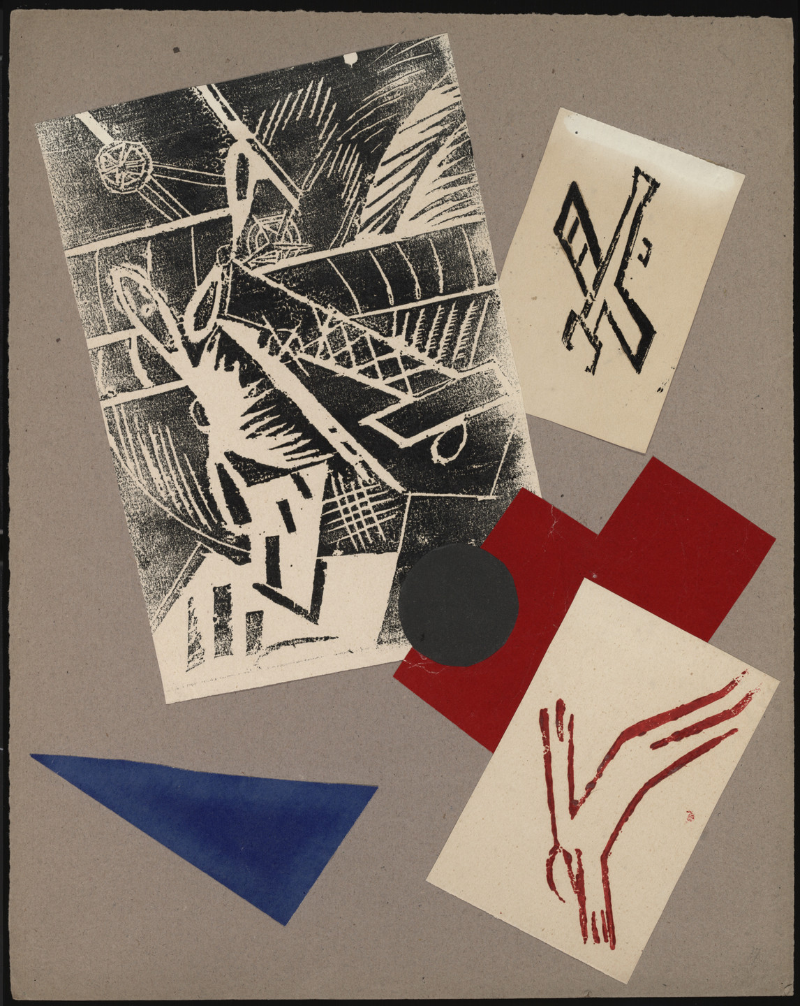 The image features overlapping geometric shapes and black-and-white sketches on a gray background. Shapes include a red rectangle, black circle, blue triangle, and off-white squares with black and red line drawings. This is an AI generated description. To give feedback, email ai@moma.org.