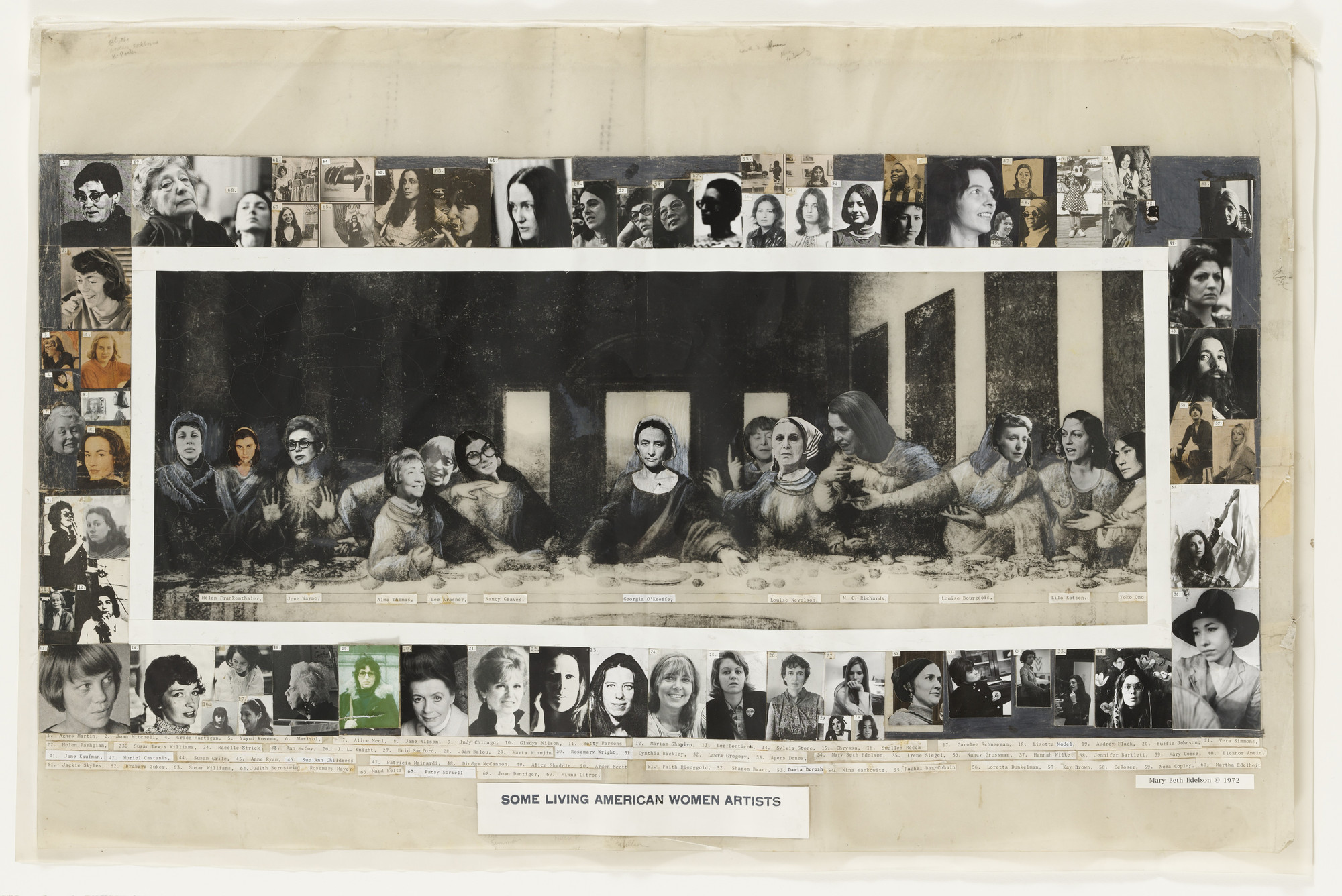 A black-and-white central image depicts several seated people in a dark interior, with a table in front of them. Surrounding this central image are smaller black-and-white and colored portraits of various individuals. This is an AI generated description. To give feedback, email ai@moma.org.