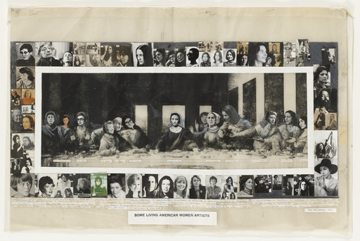 A black-and-white central image depicts several seated people in a dark interior, with a table in front of them. Surrounding this central image are smaller black-and-white and colored portraits of various individuals. This is an AI generated description. To give feedback, email ai@moma.org.