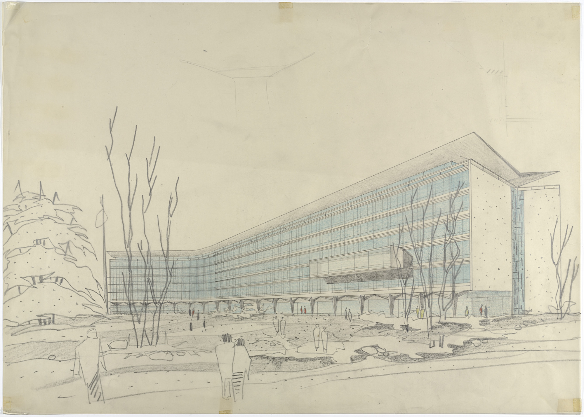 Jean Tschumi. Nestle Headquarters, Vevey, Switzerland (Perspective, south façade). 1956-1957