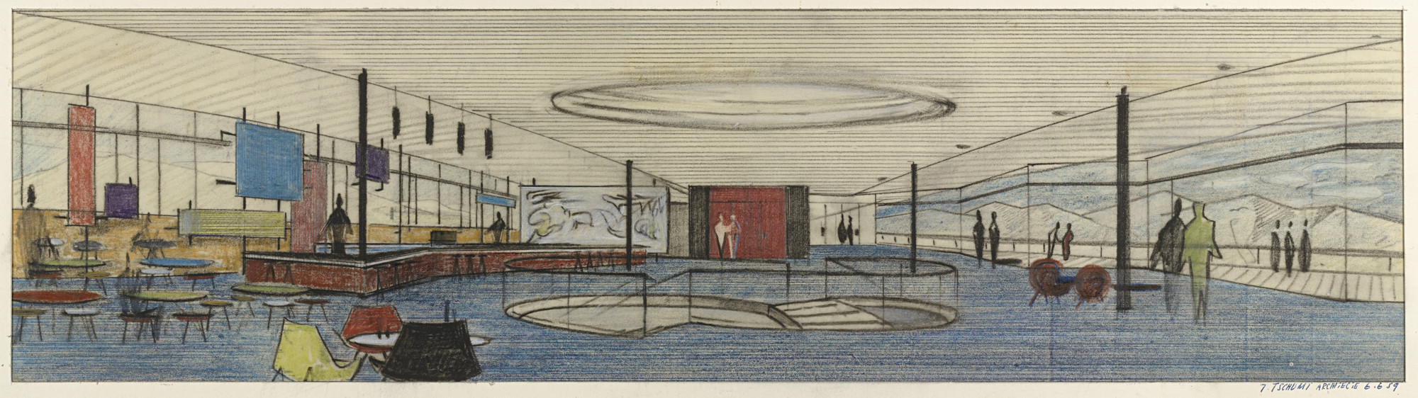 Jean Tschumi. Nestle Headquarters, Vevey, Switzerland (Interior perspective, bar in the attic floor). c. 1958