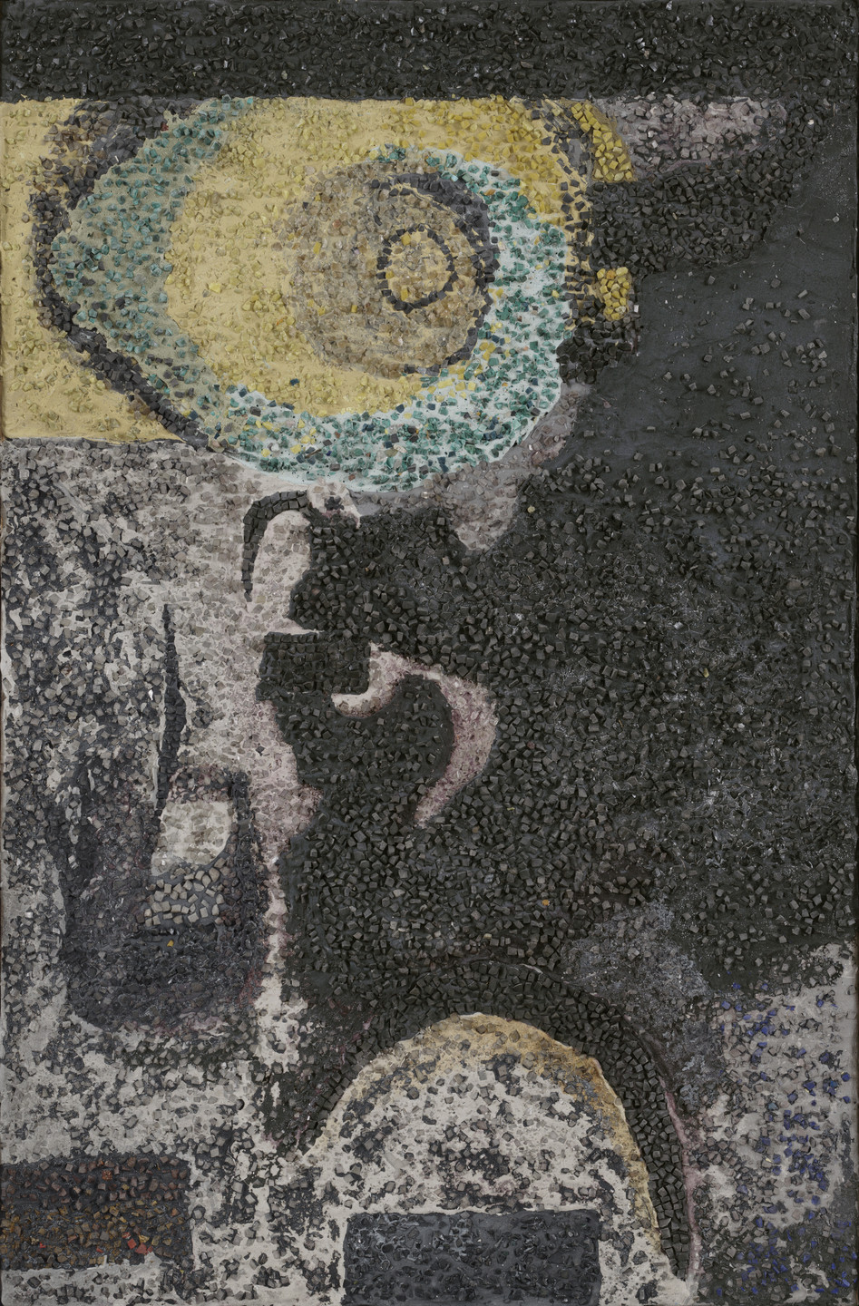 The image depicts a textured surface with a swirl pattern at the top, primarily using shades of yellow, green, gray, and black. The bottom has diffused areas with mixed gray and black hues. This is an AI generated description. To give feedback, email ai@moma.org.