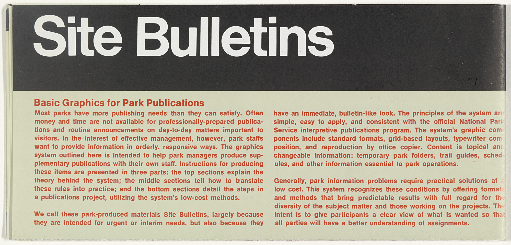 Massimo Vignelli, Lella Vignelli. United States National Park Service Publication Program, Site Bulletins. 1977